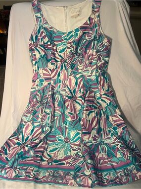 Vintage Papagallo Mod Floral Fit & Flare Dress Teal Purple Retro